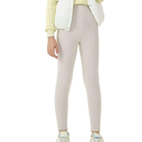 Girls Fleece Lined Tights High Waisted Loungewear Elastic Yoga Pants Solid Color Winter Thick Warm Knit Leggings Beige 6-7Y