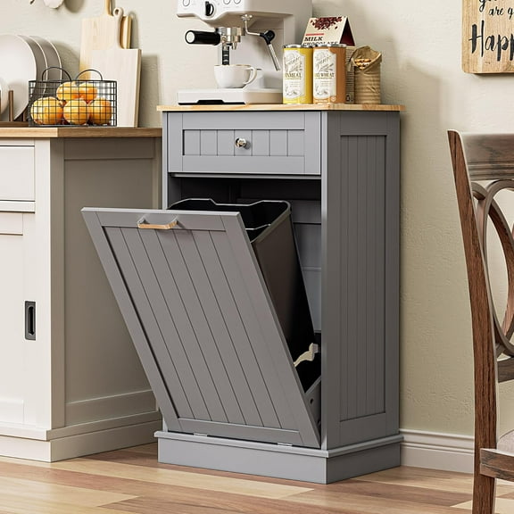 13 Gallons Tilt Out Trash Cabinet Freestanding Kitchen Hidden Trash Bin Cabinet with Hideaway Drawer Pet Proof Trash Can Holder for Kitchen Living Room, Grey