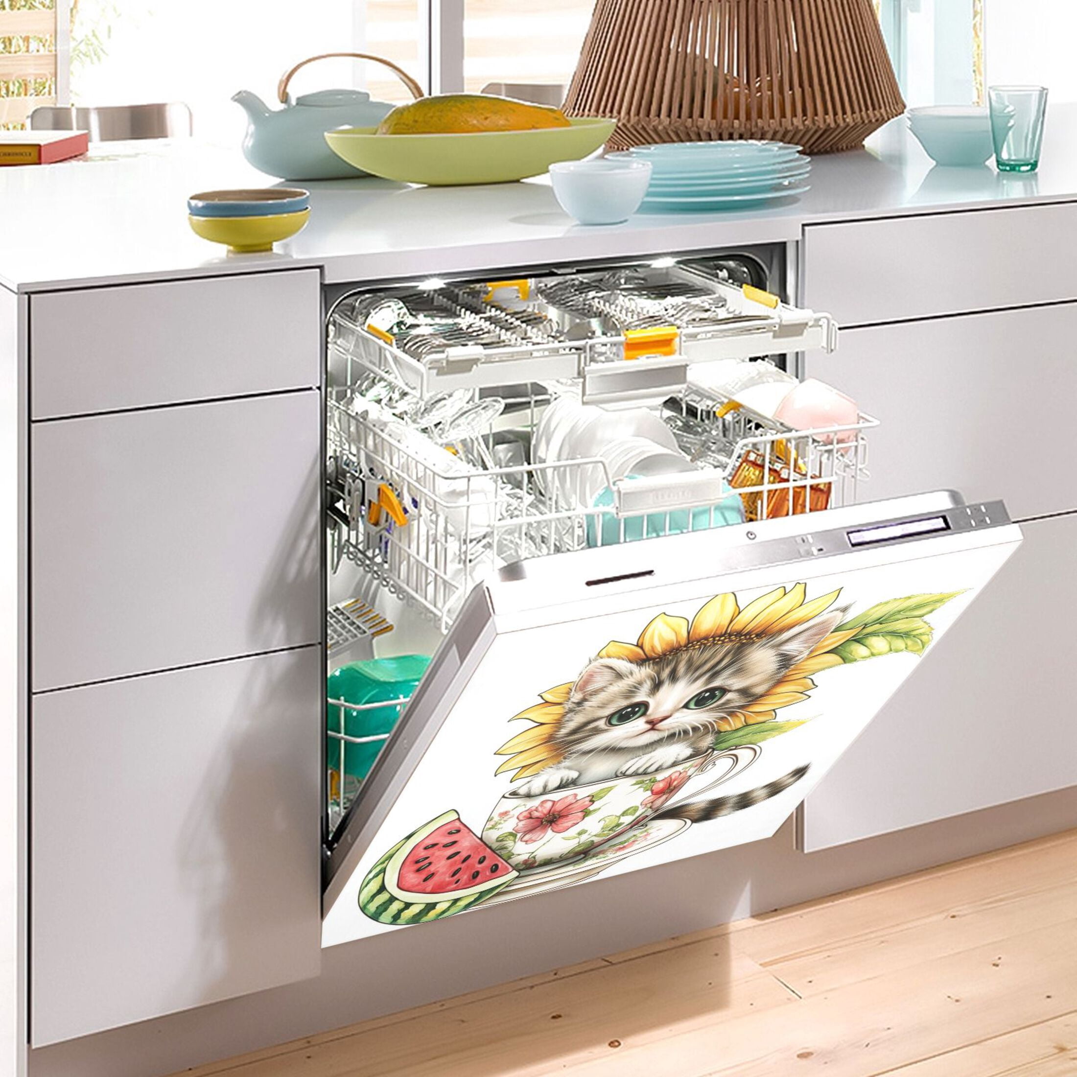 Dishwasher Magnetic Sticker 23x26 Inch Refrigerator Magnetic Sticker Washing Machine Magnetic Sticker Kitchen Panel Magnetic Sticker Home Decor Teacup Black Kitten