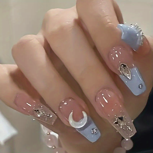 24pcs Glossy 3D Moon and Star Press On Nails - Easy to Apply False Nails with Glue for Women and Girls