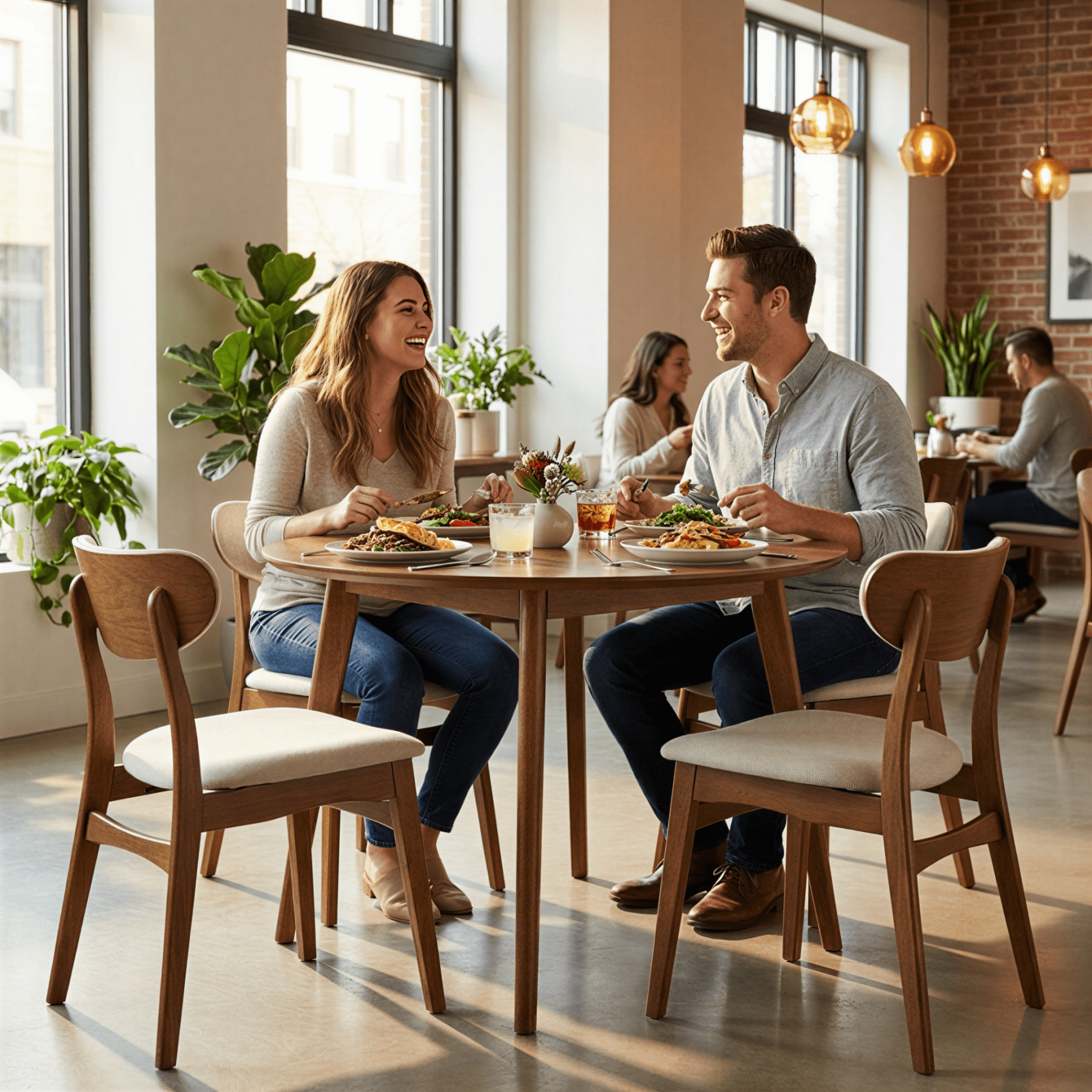 Prilinex Farmhouse Dining Chairs Set of 6, Fabric Upholstered Wooden Dining Chairs with Curved Back & Wood Legs, Mid-Century Kitchen Chairs for Dining Room Restaurant, Beige