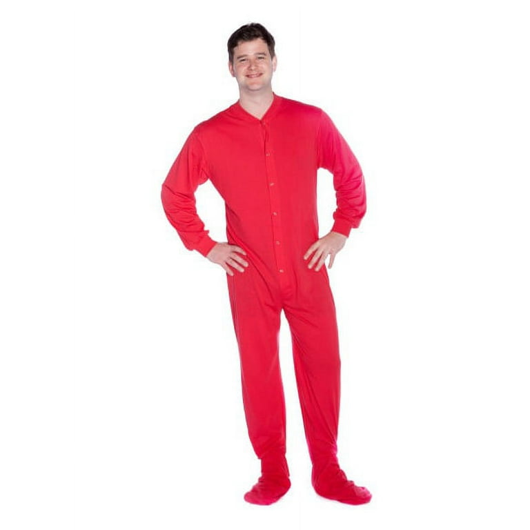 Red Cotton Jersey Knit Adult Footed Pajamas Sleeper w Drop seat