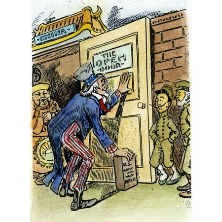 Cartoon Open Door C1900 Namerican Cartoon Depicting Uncle Sam Propping The Open Door Policy With China With The Brick Of US Army And Navy Prestige As The Colonial Powers Of France And Russia Look On