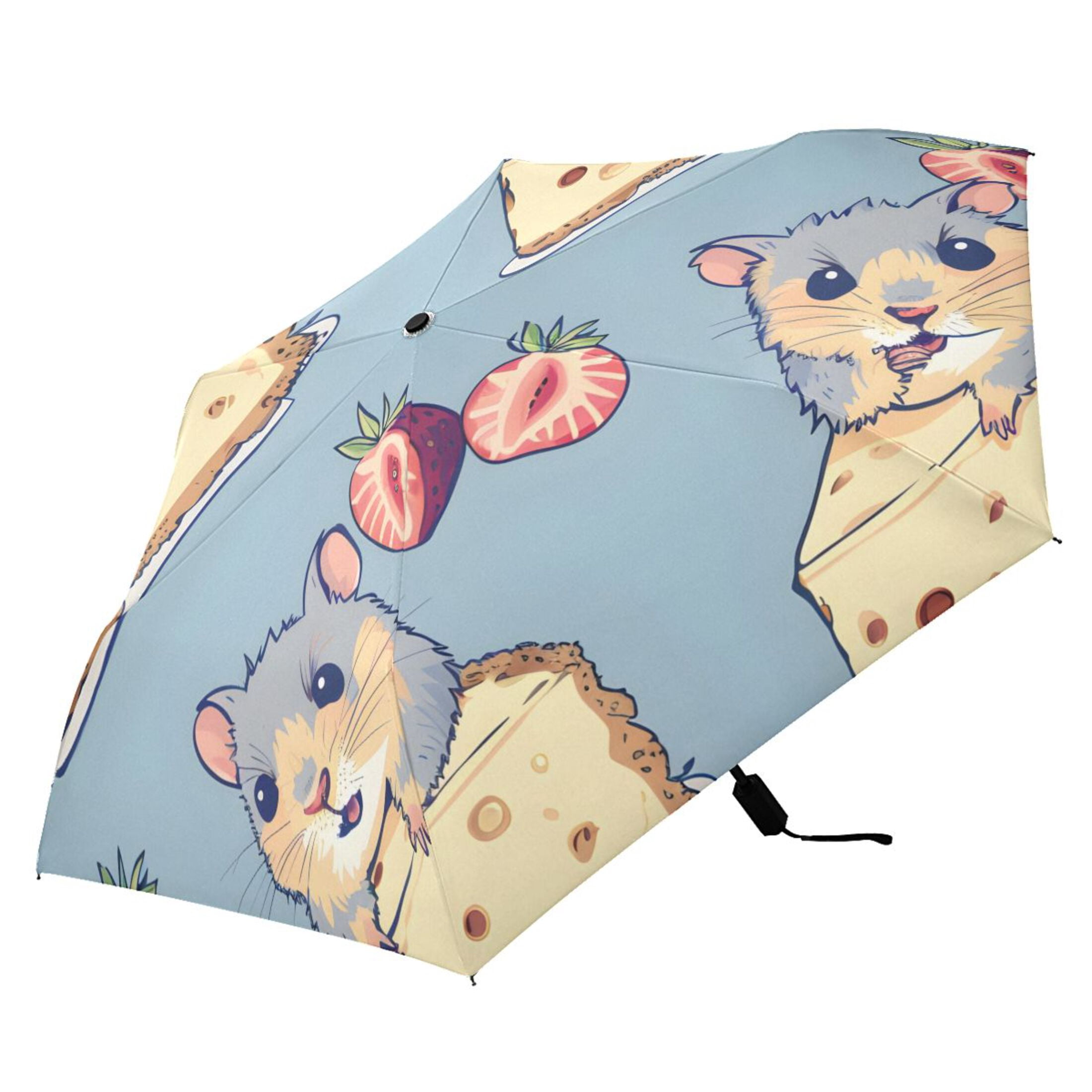 Hamsters Eating Cheesecakes and Strawberries All Weather Umbrella Triple Folding Parasol 6 Ribs UV Protection Portable