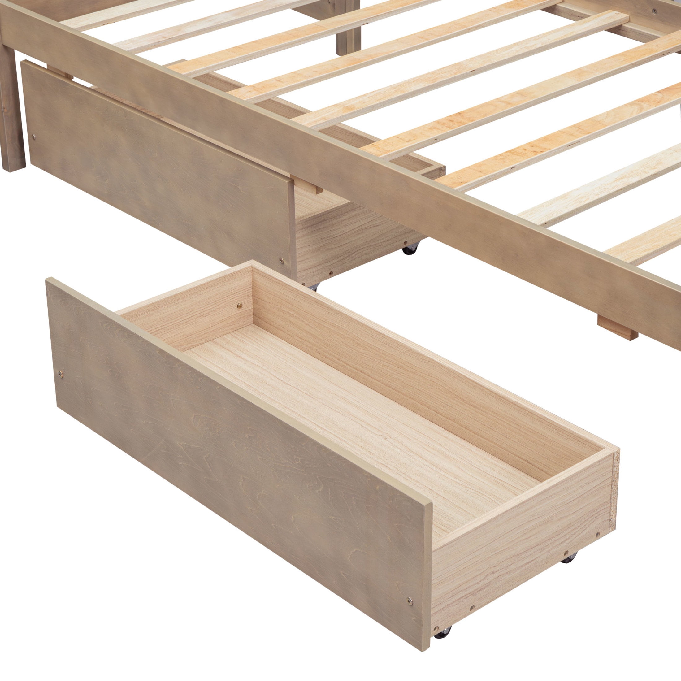 Noble House Carter Twin L-Shaped Platform Bed with 3 Storage Drawers, Solid Wood Corner Bed Frame, Natural