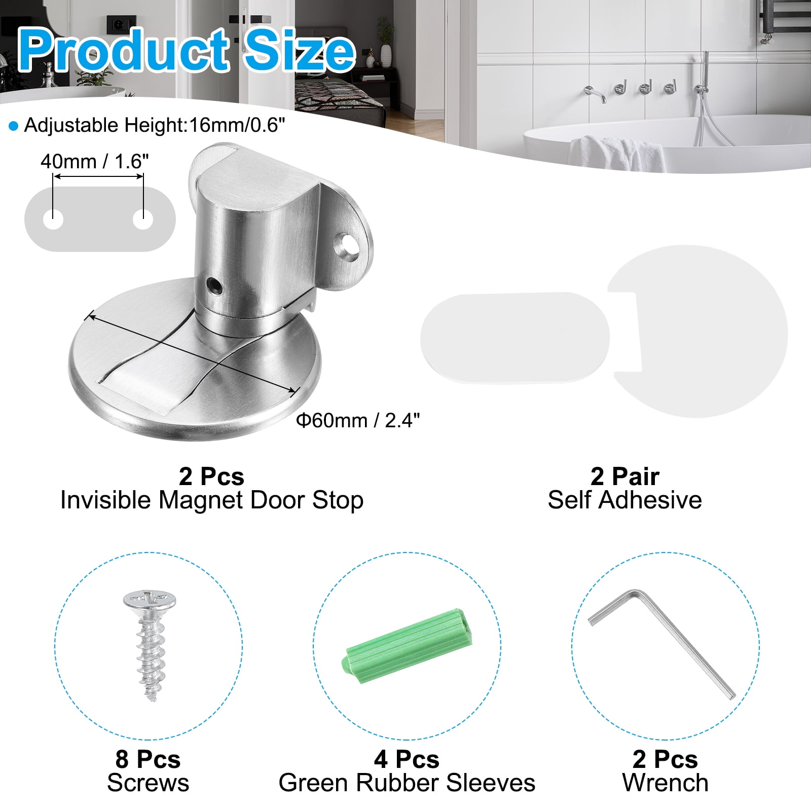 Invisible Adjustable Magnet Door Stop with Self Adhesive & Screw Mount, Silver 2 Pack