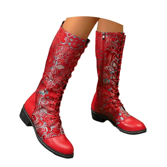 YLYL Knee High Boots for Women Flower Embroidered Vintage Ethnic Round Toe Lace up Motorcycle Riding Boots