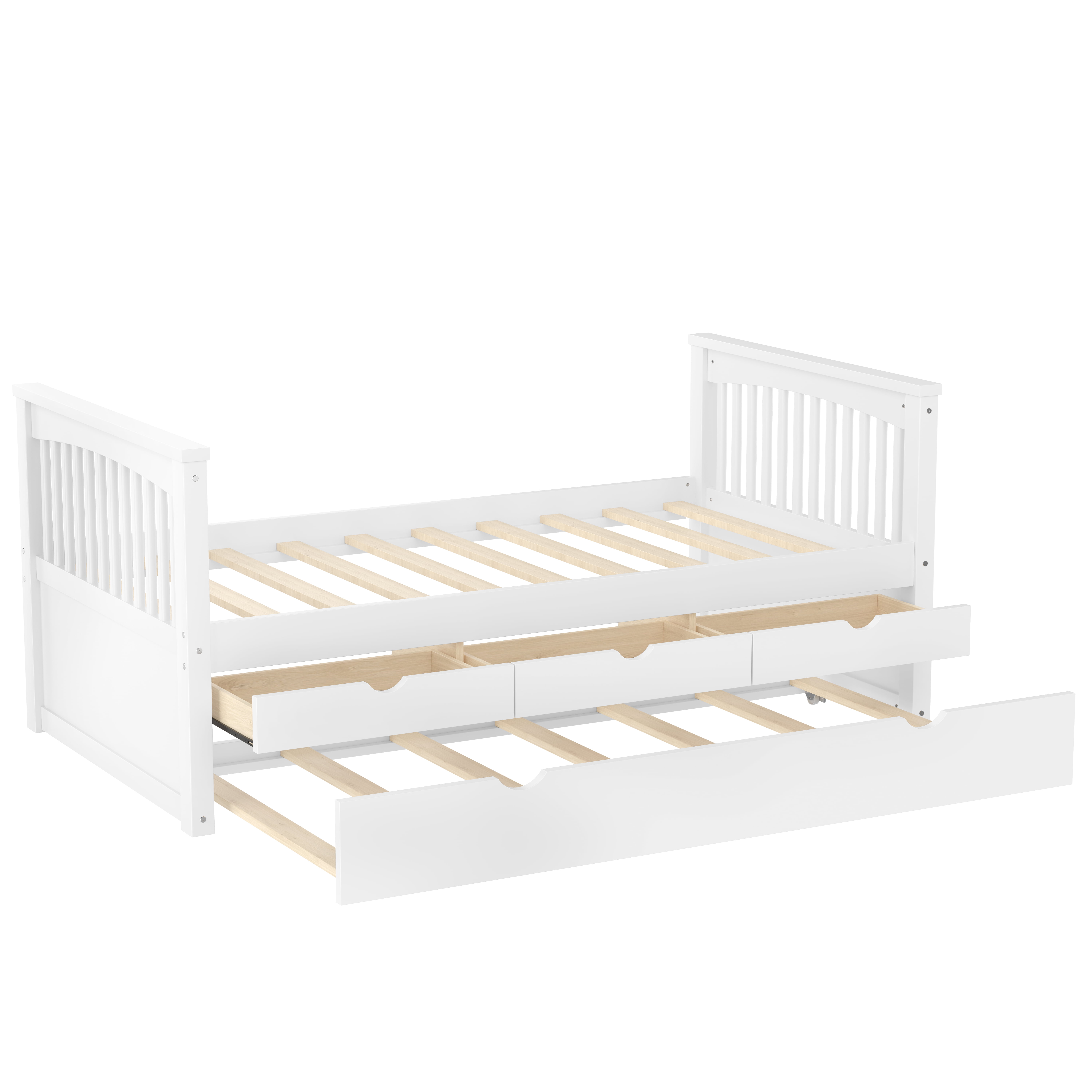 Mintazer Modern Twin Platform Bed with 3 Drawers & Trundle, Kids Wood Storage Bed for Bedrooms Guest Rooms, White