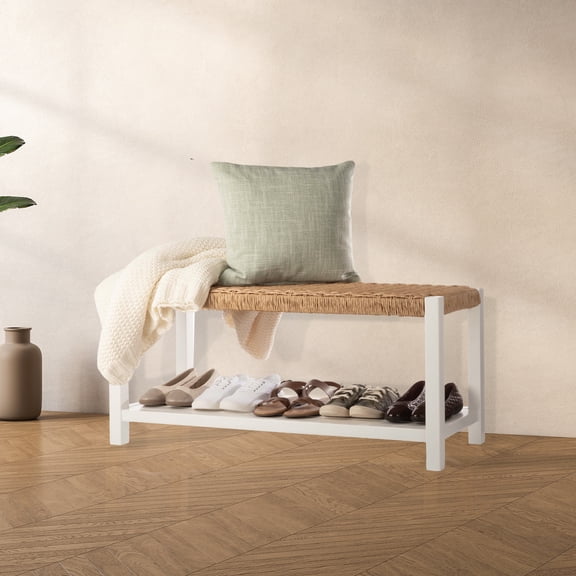 Alaterre Newport 40in Wood Bench with Rush Seat and Storage Shelf, White