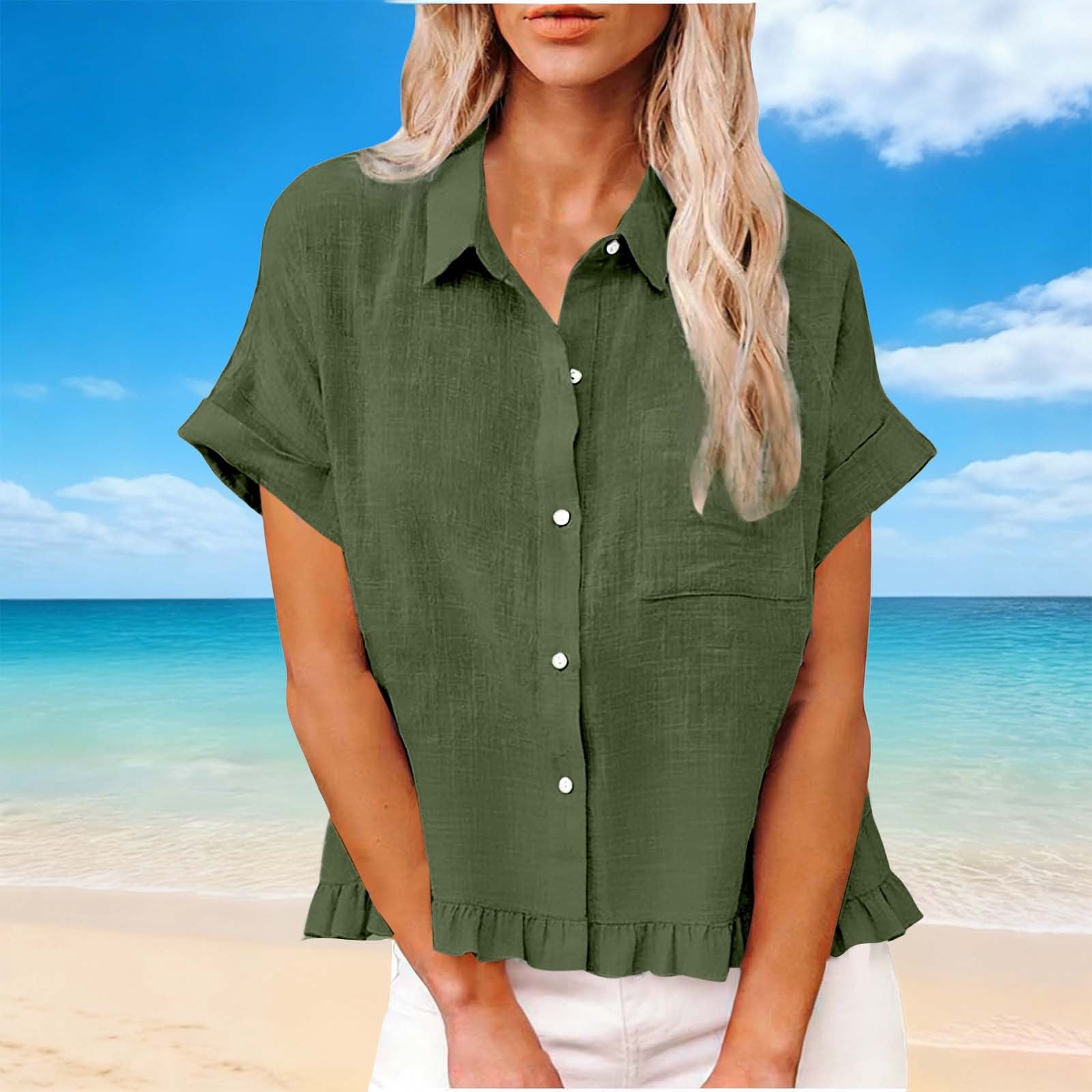 Summer Tops for Women 2026 Fashion Spring Clothing Fabric Solid Color Front Pocket Hem Fringe Short Sleeve Flared Collar Top