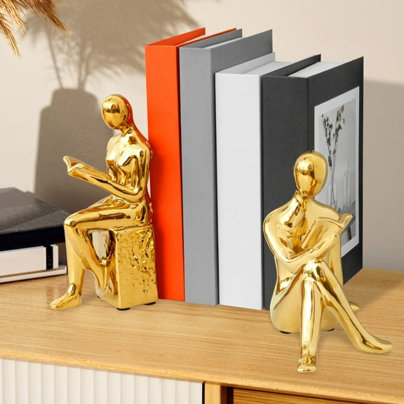 2 Pcs Book Ends for Shelves Decorative - Ceramic Bookends for Heavy Books Reading Couple Bookshelf Decorative Objects Sculpture Gift for Readers Book Lovers Nerd