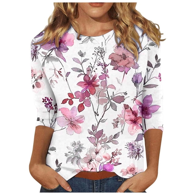 Pisexur Womens Hauts Mode Imprimé Floral T-Shirts Décontractés Col Rond Manches 3/4 Tee Tops Tendance Blouses Été Automne