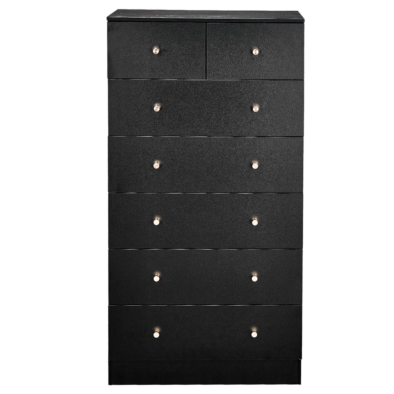 Black 7 Drawer Cabinet, Matte Gold Handles Textured Linen-Laminate Particle Board Cabinet, Tall Space-Saving Storage Organizer for Home Office Bedroom Living Area