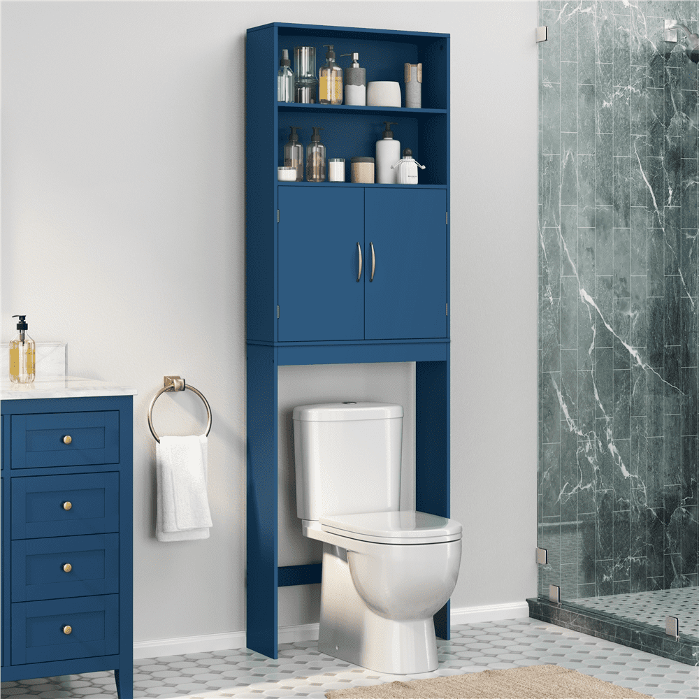 Alden Design 8" Wooden Free-Standing Over-the-Toilet Storage for Bathroom, Navy Blue