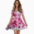 thumbnail image 2 of Pink Wildflowers Women Dress V-Neck Short Sleeve Flowy Swing Party Midi Dress, 2 of 4
