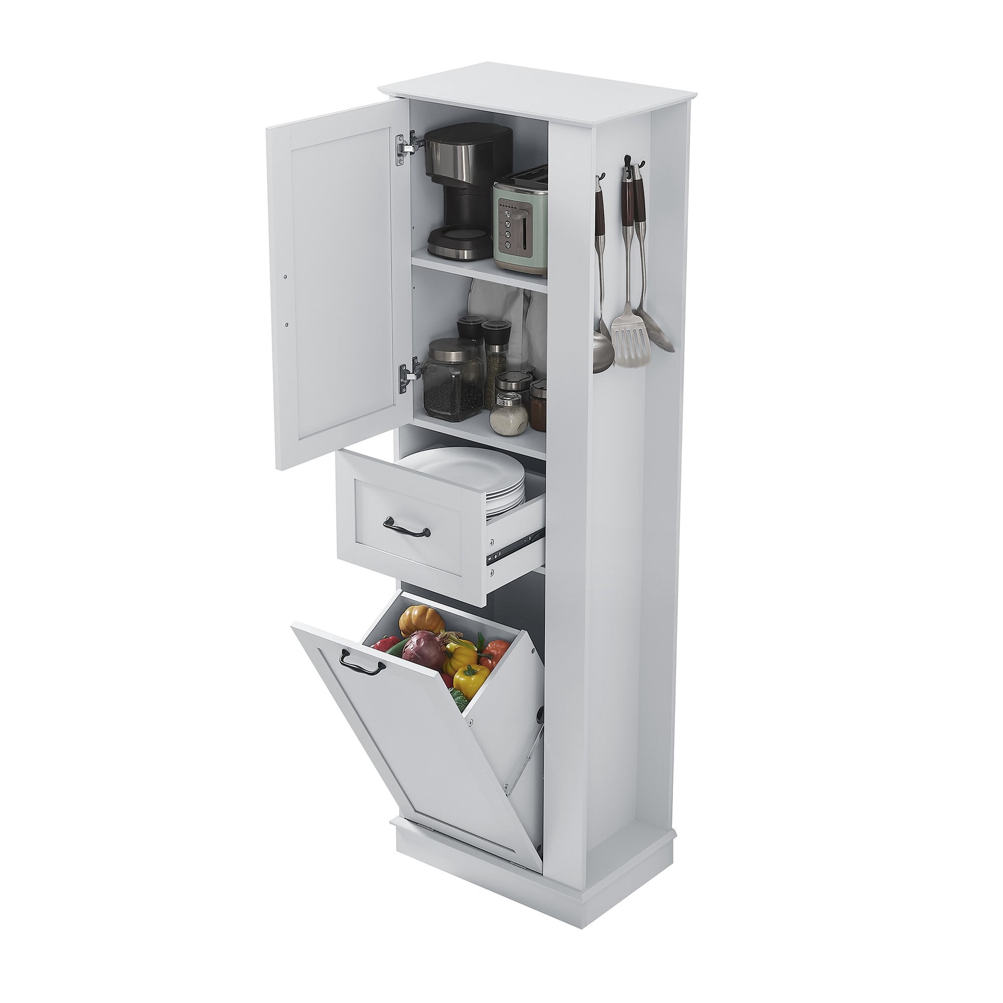 AENKYO 67.8" Tall Bathroom Storage Cabinet with Adjustable Shelf, Tilt-Out Drawer, and Side Hooks, Gray
