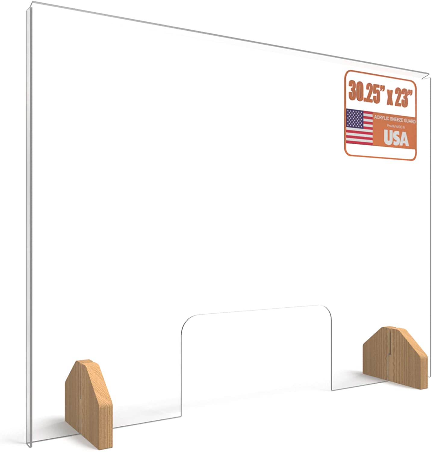 Sneeze Guard Plexiglass Shield for Counter with Wooden Red Oak Bases