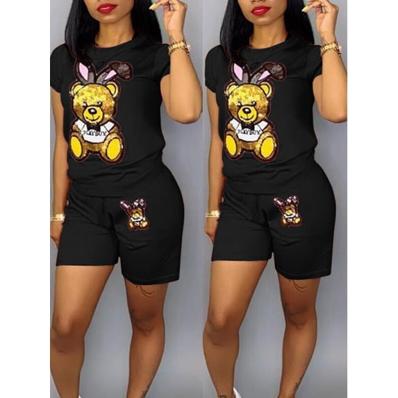 Lovelywholesale Women's Casual Cartoon Print Black Two-piece Shorts Set