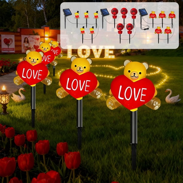 Luces solares LED para jardín de San Valentín | 5 decoraciones clásicas multicolores impermeables | Para exteriores, patios y cercas | Plástico duradero, fácil de instalar | 38 cm | Adorno navideño