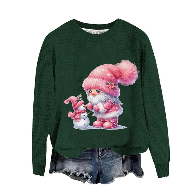 HOWPAY Chandails de Noël pour Femmes Style Noël Imprimé Blouse Décontractée Col Rond Manches Longues Chandail Confortable Ample Léger Tenues d'Automne Vert Foncé m