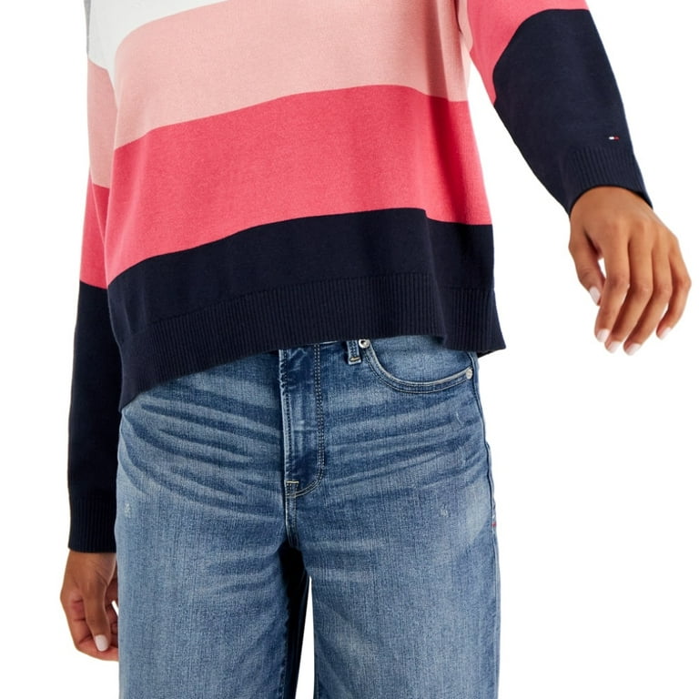 Tommy Hilfiger Women's Stripe Logo Bubble Sweater Pink Size X-Large