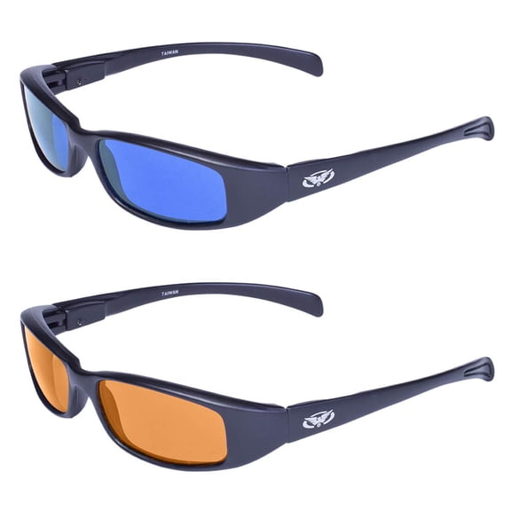 2 Pair Global Vision New Attitude Black Sport Motorcycle Riding Sunglasses 1 with Blue Lens and 1 with Orange Lens