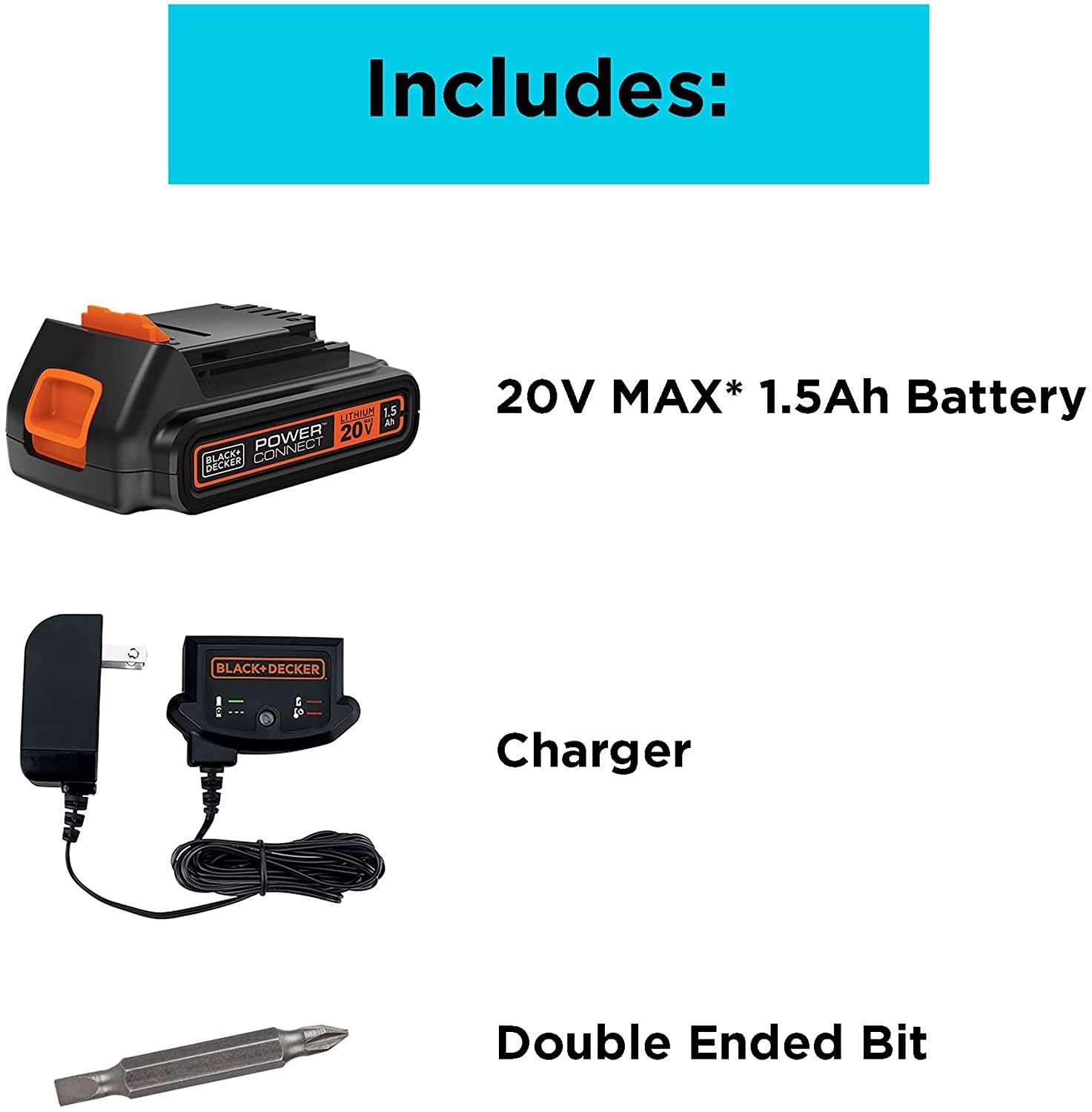 Taladro inalámbrico BLACK+DECKER 20V de 3/8 pulgadas, 1.5Ah, batería y cargador incluidos 4