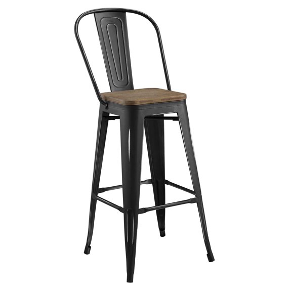 Industrial Country Cottage Farm Beach House Bar Pub and Dining Kitchen Bar Side Stool Chair, Metal Steel Wood, Black