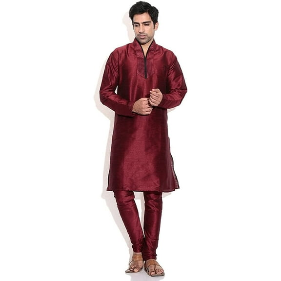 Royal Men's Silk Blend Maroon Hineck Emboirdered Kurta Churidar