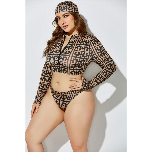 Womens Long Sleeve Zipper Front high Waist Thong Bikini Set 3 Piece Swimsuit