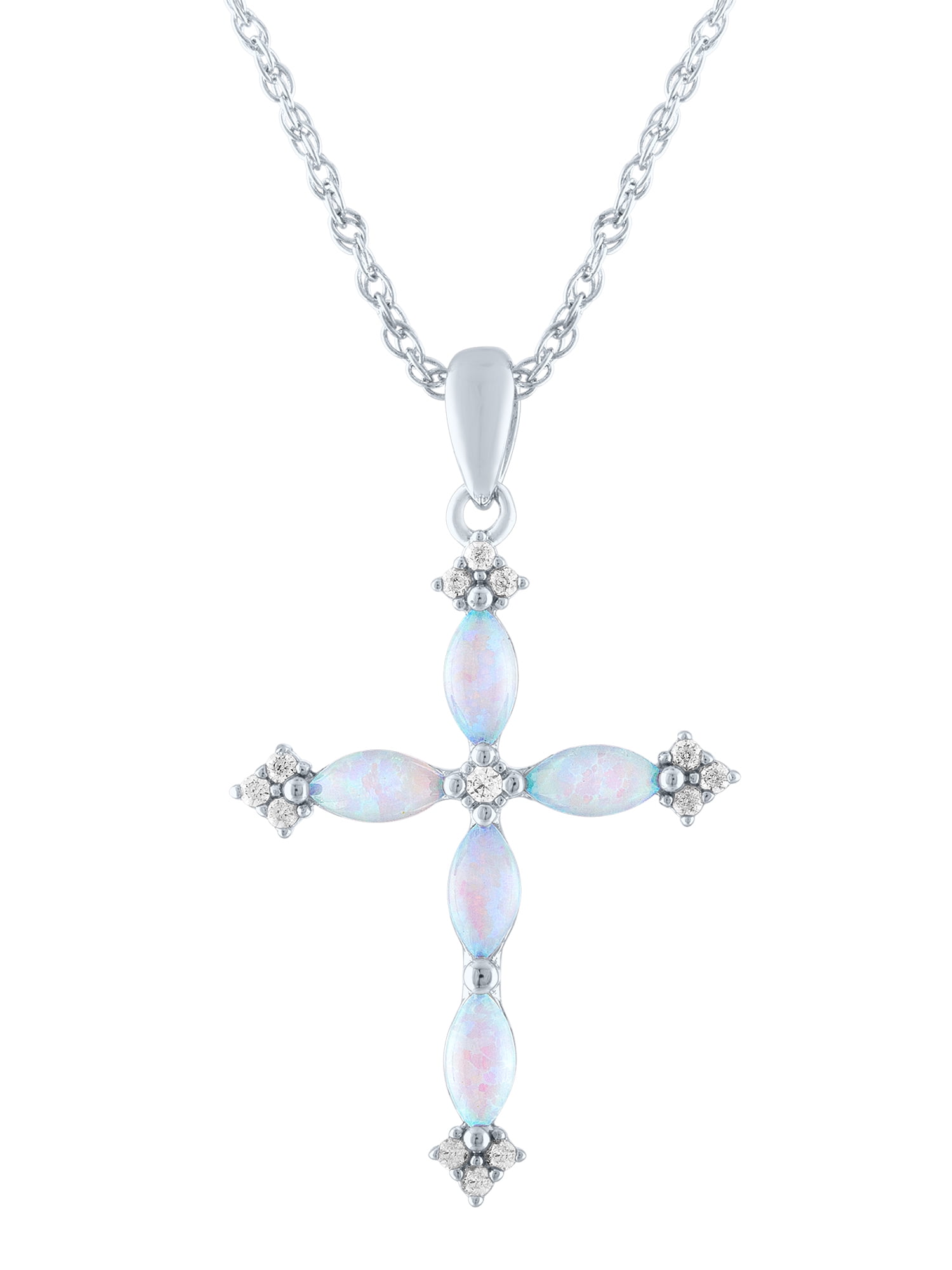 Brilliance Fine Jewelry Sterling Silver Plated Simulated Opal and CZ Cross Pendant