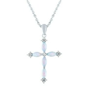 Brilliance Fine Jewelry Sterling Silver Plated Simulated Opal and CZ Cross Pendant