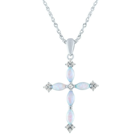 Brilliance Fine Jewelry Sterling Silver Plated Simulated Opal and CZ Cross Pendant