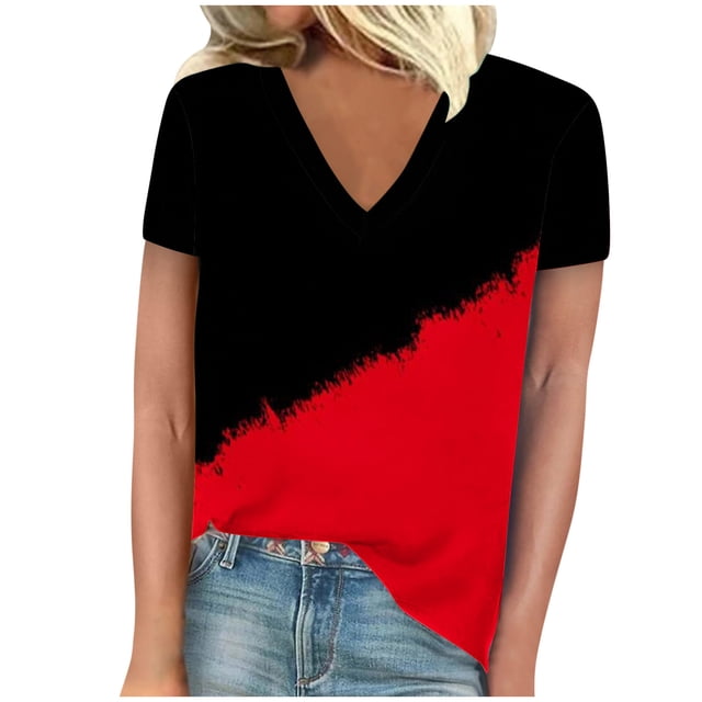 Camisetas de Manga Corta para las Mujeres de Cuello en V Sólido Casual Camiseta, 95% Poliéster 5% Spandex Vintage Ligero Top para Diario, Fiesta Y Primavera