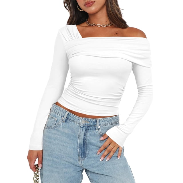 Camisetas Fruncidas Camisa Y2K Top Corto Con Un Hombro Descubierto Manga Larga Mujer Slim Fit Sexy Color Sólido Traje Diario Calle