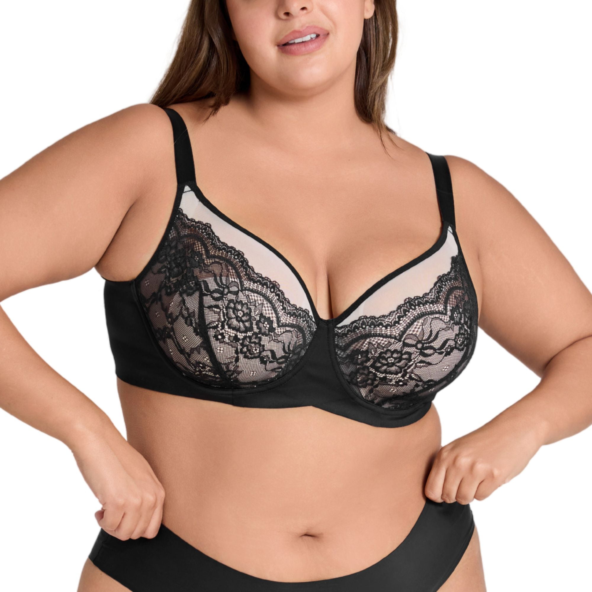 YANDW Lace Full Coverage Bra for Women Underwire Support Plus Sizes Bras with Padding Lift, Black 42DDD