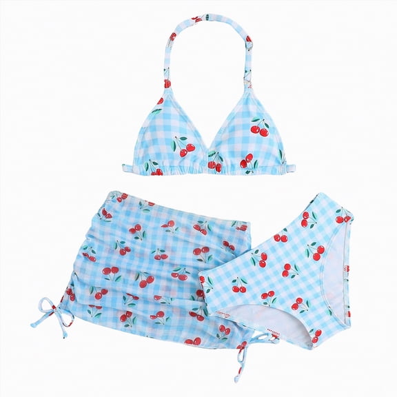 CAUYDY Children Girl Swimsuits 3 Pcs Kids Girls Tankini Bathing Suit Set 8T 9T 10T Teen Girls Bikini Swimwear with Cover Ups Tween Girls Summer Beach Skirt (Sizes 7-8 Years,F02-Blue)