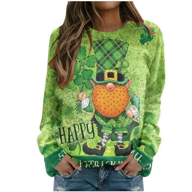 QIPOPIQ Chandails à Manches Longues pour Femmes T-Shirts de la Saint-Patrick Shamrock T-Shirt Chemise Verte Tee T-Shirts de la Saint-Patrick Tunique Col Rond Hauts Amples Chandail T-Shirts des Fêtes T-Shirts Graphiques Aubaines