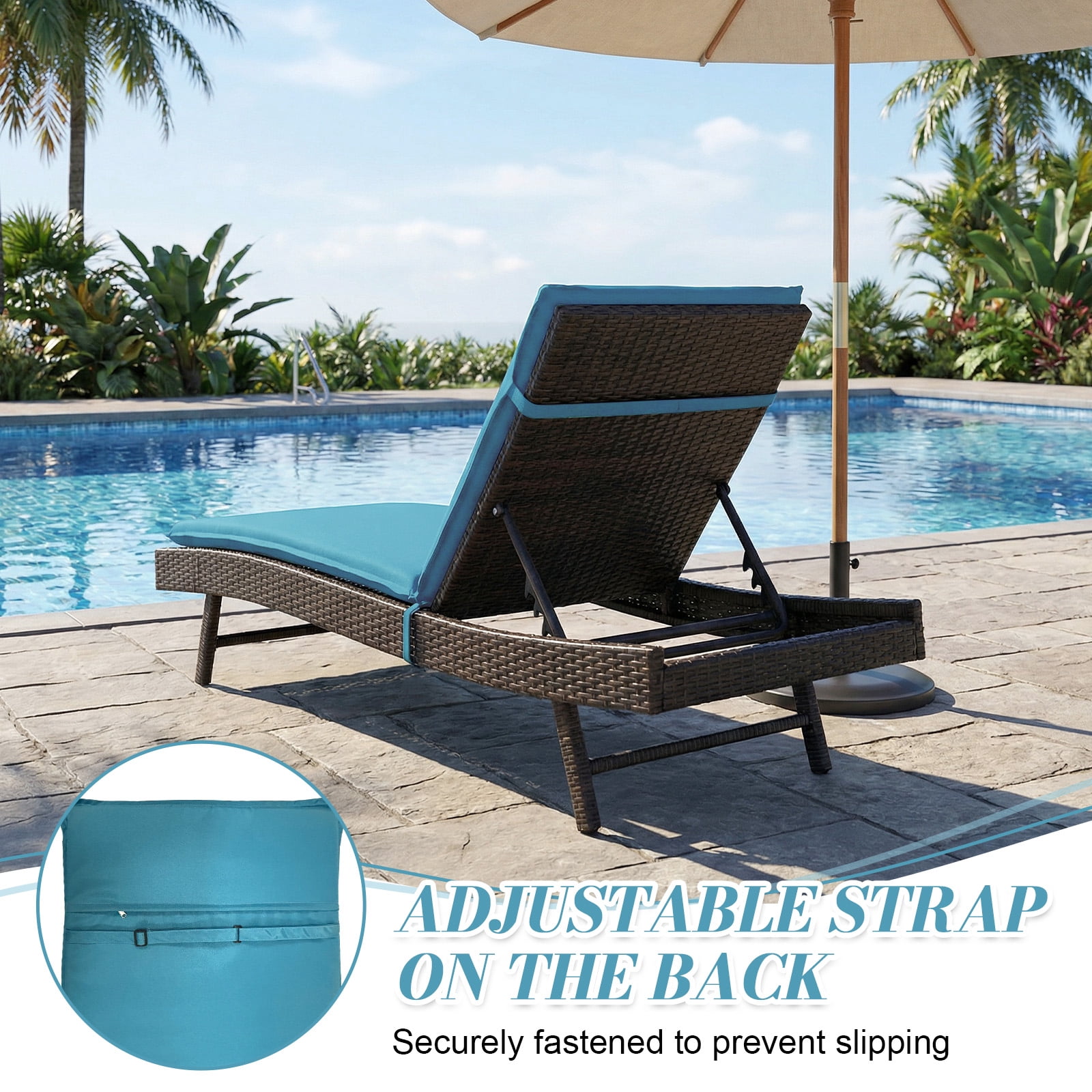 Eurhowing Outdoor Chaise Lounge Cushion 76"×23"×3", Waterproof Thick Patio Furniture Cushions with Straps, High-Density Foam Chair Pads for Poolside & Deck, 1 Pack, Blue