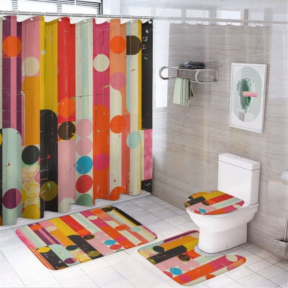 60's Retro Colour Chart Collage Abstract 4 Pcs Shower Curtain Set with Non-Slip Rugs Toilet Lid Cover And Bath Mat Vintage Boho Plant Floral Waterproof Shower Curtain for Bathtub Decor