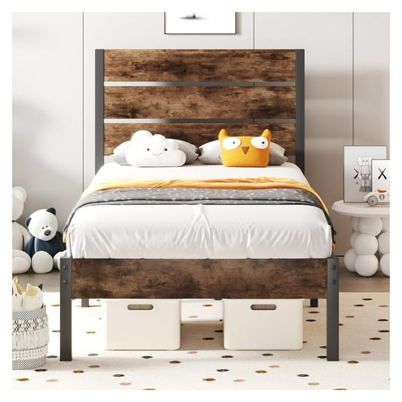 Bed Frame with Headboard and Footboard, Metal Bed Frame with Under Bed Storage, All-Metal Support System, No Box Spring Needed, Easy Assembly,Rustic Brown