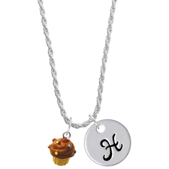 Delight Jewelry Resin Mini Vanilla Cupcake with Chocolate Frosting Silvertone Script Initial Disc - H - Charm Necklace, 20"+3"
