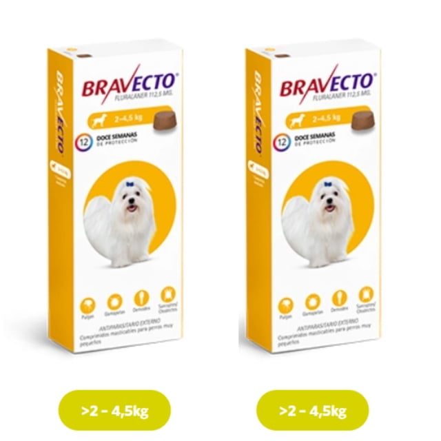 Pack de 2 Comprimido Bravecto Antipulgas Antigarrapatas Perros Miniatura 112.5 mg 2-4.5kg (2 de 112.5 mg)