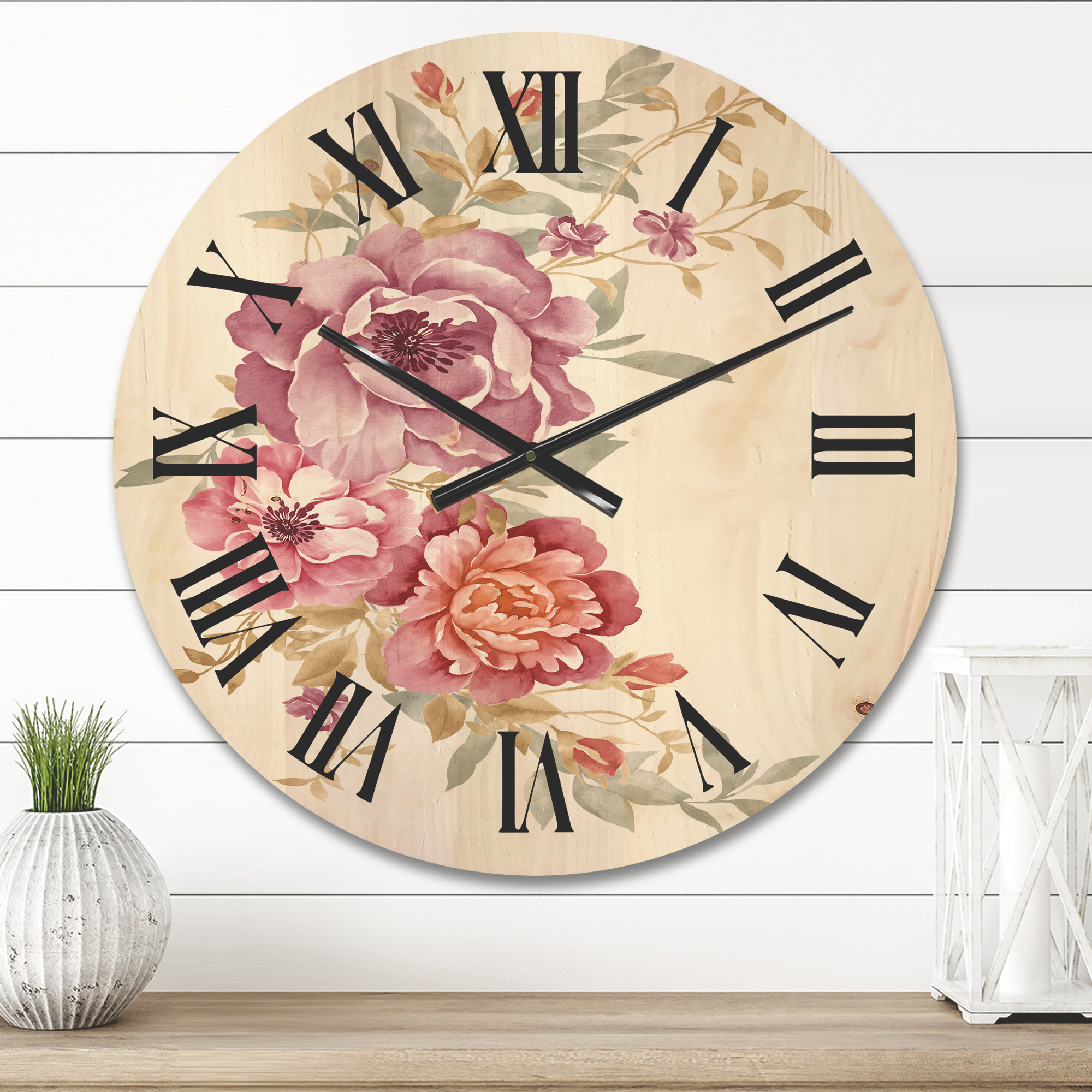 Designart 'Bouquet of Purple and Pink Flowers III' Farmhouse Wood Wall Clock