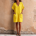 thumbnail image 2 of Women's Summer Cotton Linen Dress with Pockets, Casual V Neck Batwing Sleeve Mini Dress, Loose Fit Breathable Tunic Sundress, 2 of 4