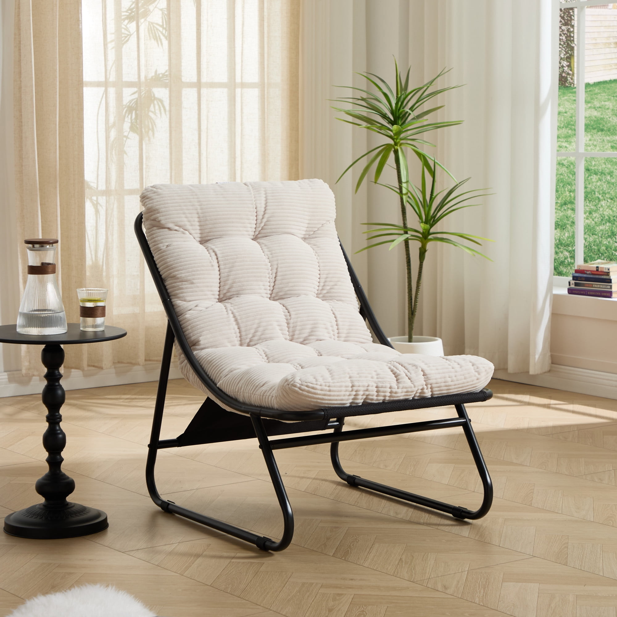 Leumius Patio Outdoor Lounge Chair with Ottoman, Comfy Sling Recliner Chair with Puffy Cushion and Foot Stool for Living Room Bedroom Reading Room White