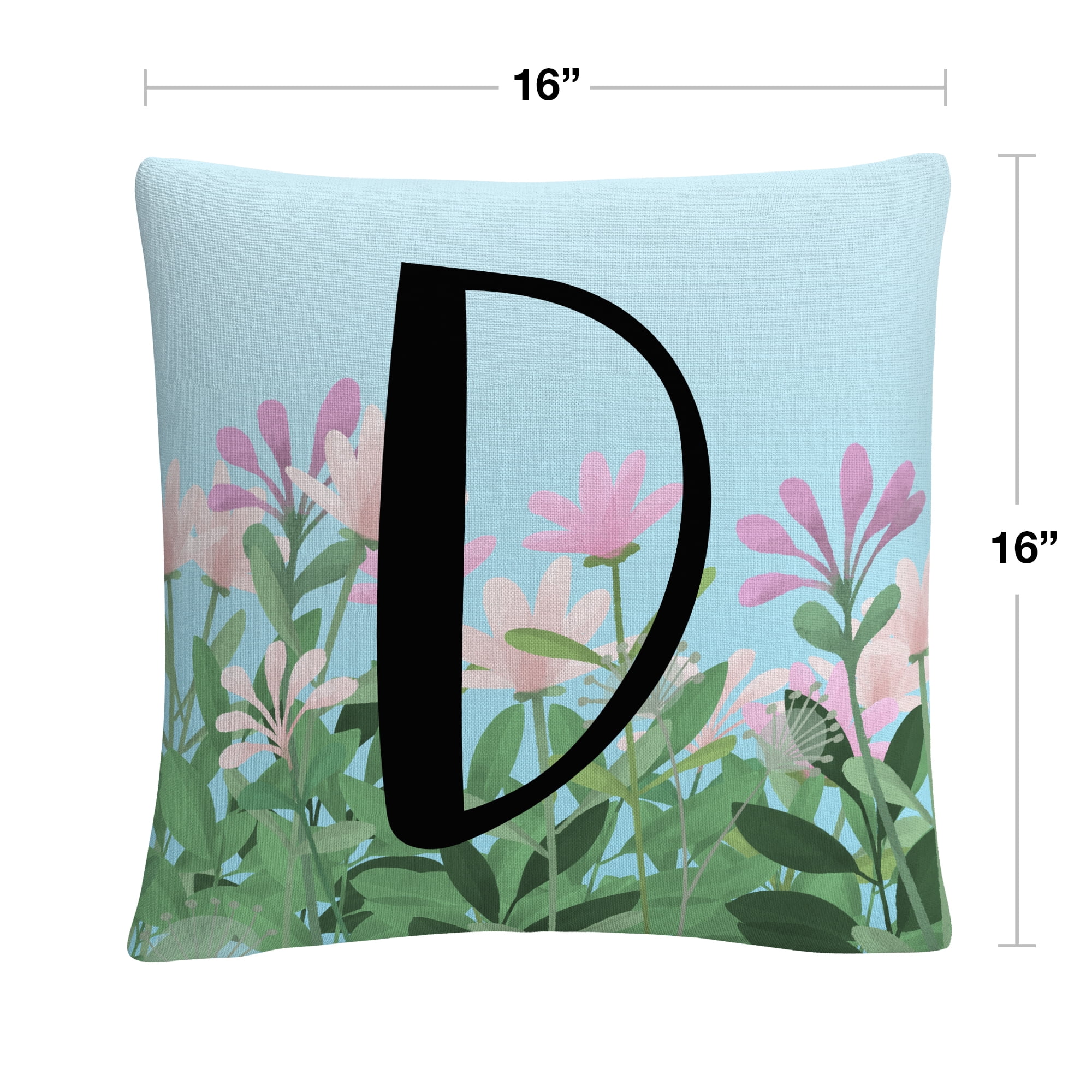 Pink Floral Garden Letter Illustration D By Abc 16 X 16 Decorative Throw Pillow