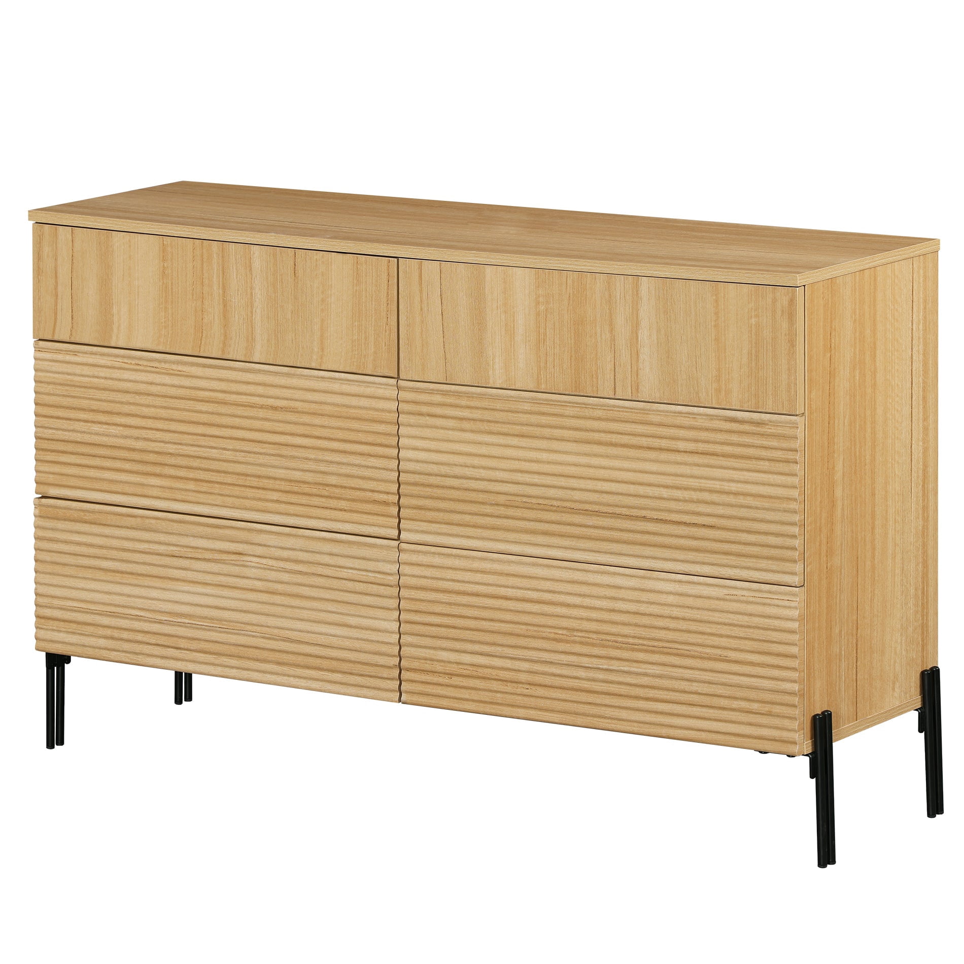 Wampat Mid-Century Modern Dresser for Bedroom, Wood Storage Dresser with 6 Drawers & Waveform Panel, Anti-Tipping , Oak