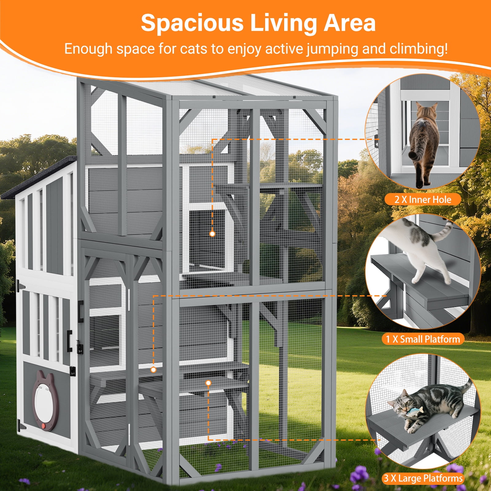 HomeSheek 3-Tier 69" Outdoor Cat Enclosure, Weatherproof Roof with Window Access & Adjustable Two-Way Hole, 3 Platforms & Resting Areas Indoor/Outdoor