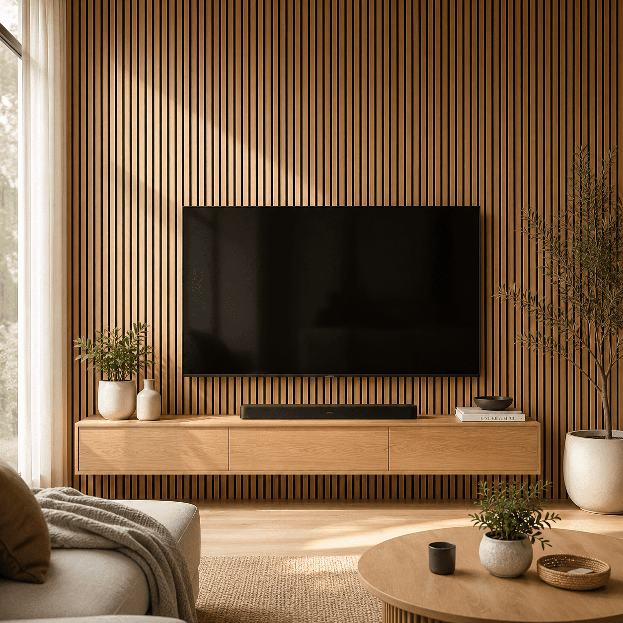 Yeslife 2 pcs Wood Slat Acoustic Wall Panels, 95.7 in x 24 in, Teak MDF, 3D Decorative Sound-Absorbing Panels for Interior Walls, 31.65 sq ft